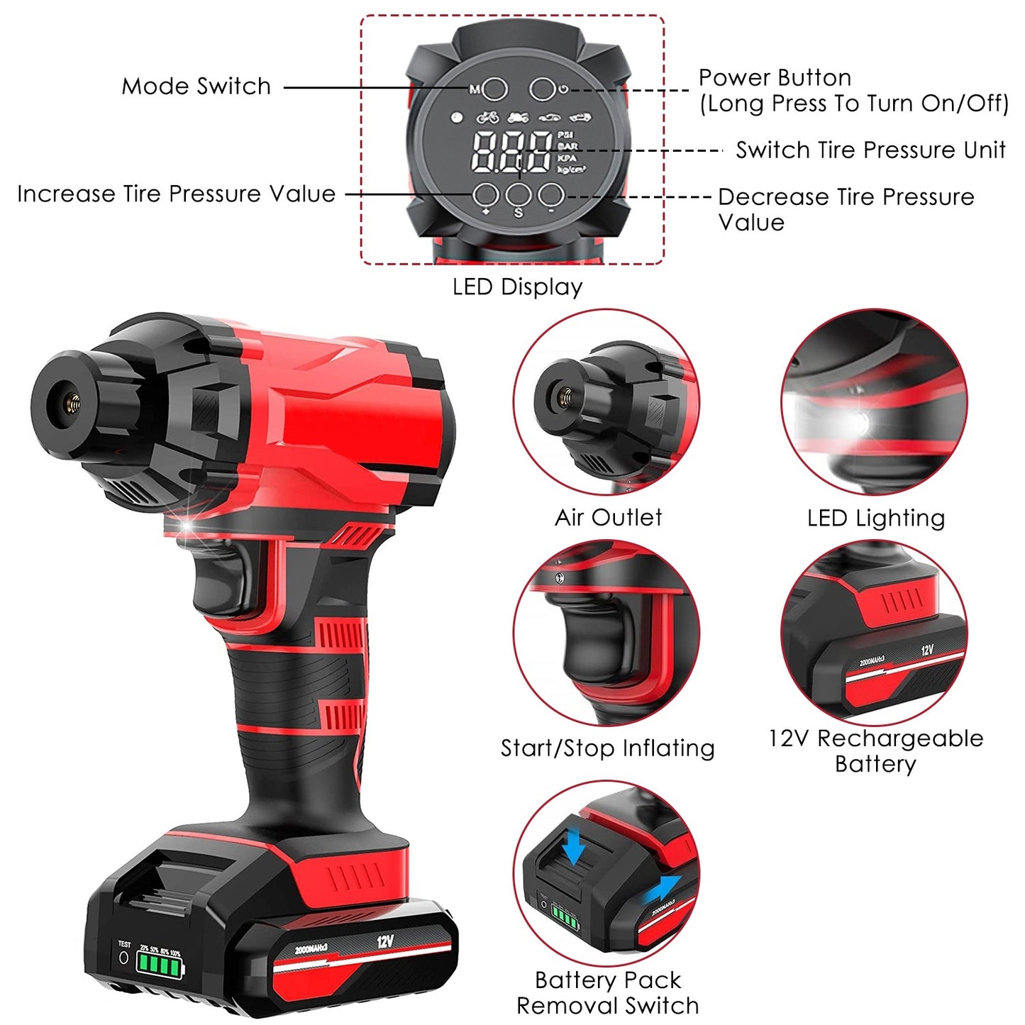 1Pc 150PSI Cordless Car Tire Inflator Rechargeable 2V Portable Electric Air Compressor With LED Light For Car Bike Motorcycle Ball