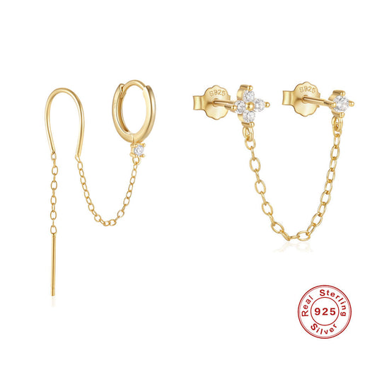 S925 Sterling Silver Diamond Flower Tassel Chain Earring Ear Clip Stud Earrings