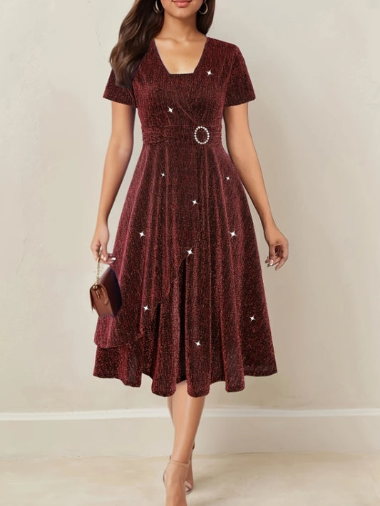 Asymmetrical Hem Short Sleeve V-neck Cross Elegant Solid Color Rhinestone Dress Rose Red