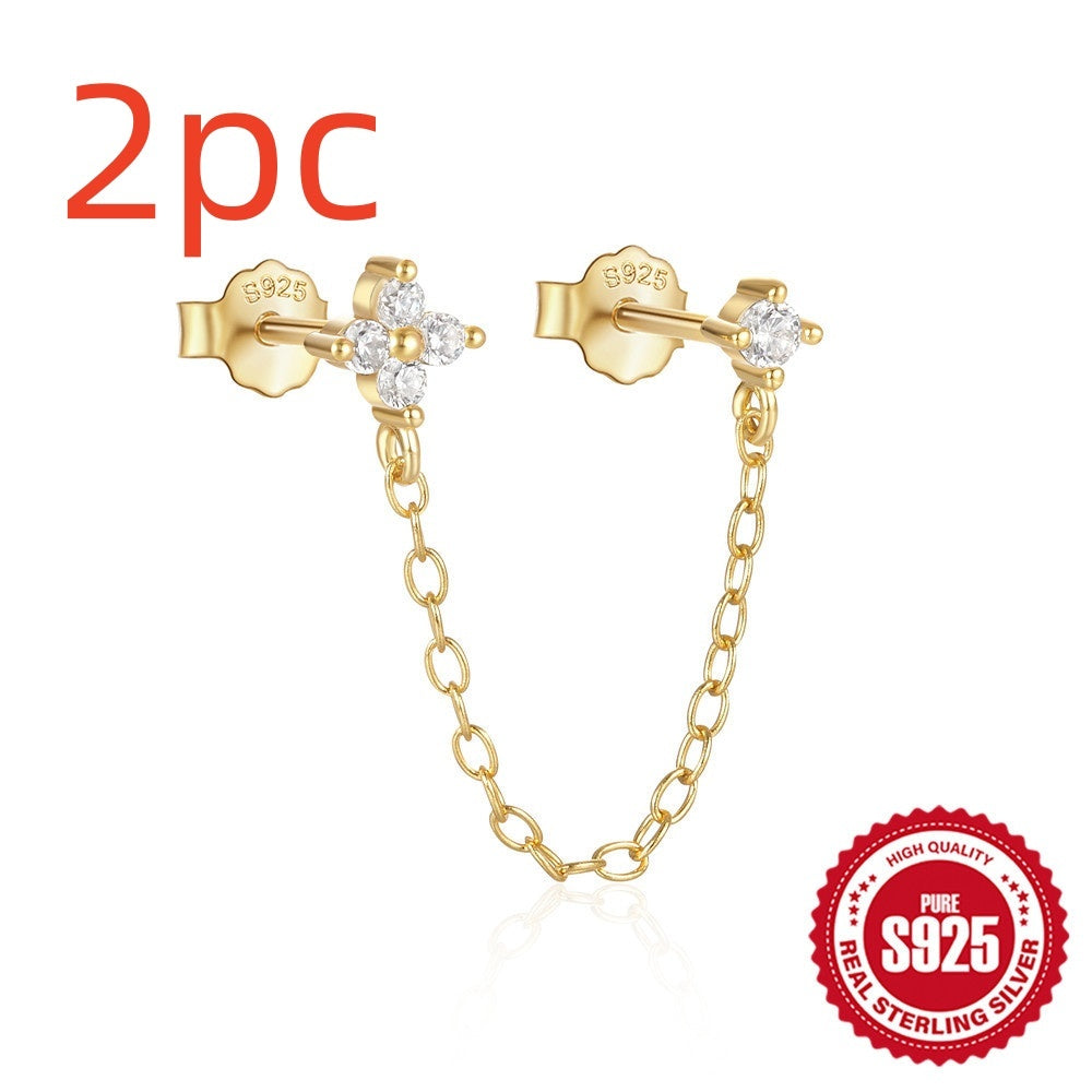 S925 Sterling Silver Diamond Flower Tassel Chain Earring Ear Clip Stud Earrings