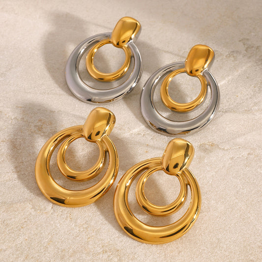18K Gold Stainless Steel Golden, Round Double Layer Hollow Stud Earrings