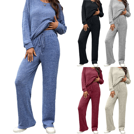 European And American Round Neck Knitted Long Sleeve Brushed Casual Long Sleeve Pants Home Wear Suit