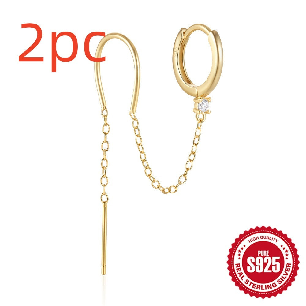 S925 Sterling Silver Diamond Flower Tassel Chain Earring Ear Clip Stud Earrings