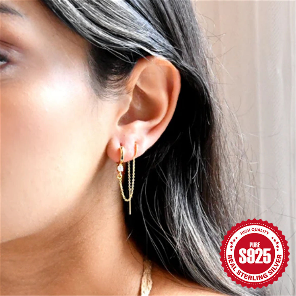 S925 Sterling Silver Diamond Flower Tassel Chain Earring Ear Clip Stud Earrings