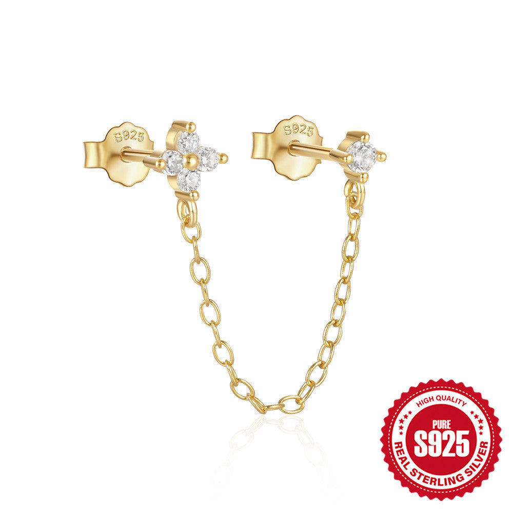 S925 Sterling Silver Diamond Flower Tassel Chain Earring Ear Clip Stud Earrings