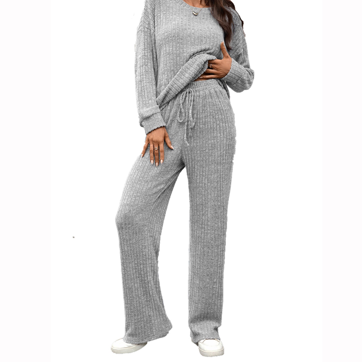 European And American Round Neck Knitted Long Sleeve Brushed Casual Long Sleeve Pants Home Wear Suit